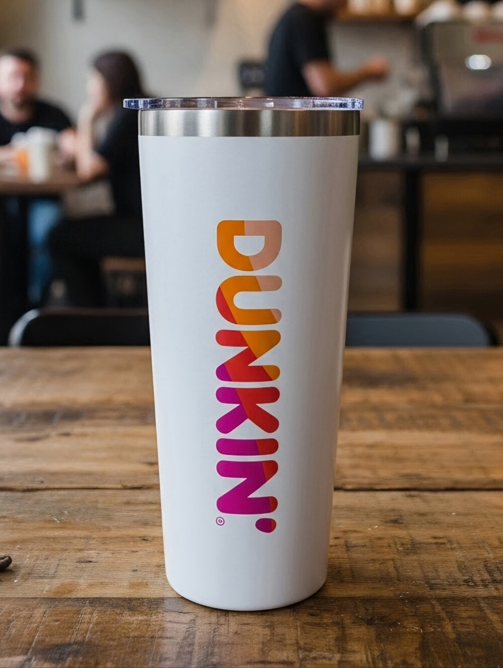 Dunkin' Donuts Classic 20 oz. white stainless steel hot/cold travel tumbler.